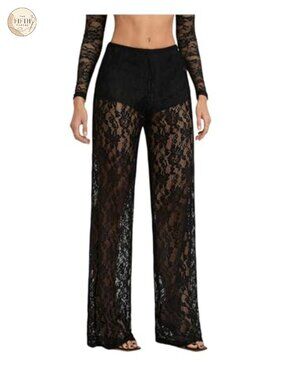 Lace Pants Sheer Floral Straight Leg Long Pants Casual Beach Clubwear